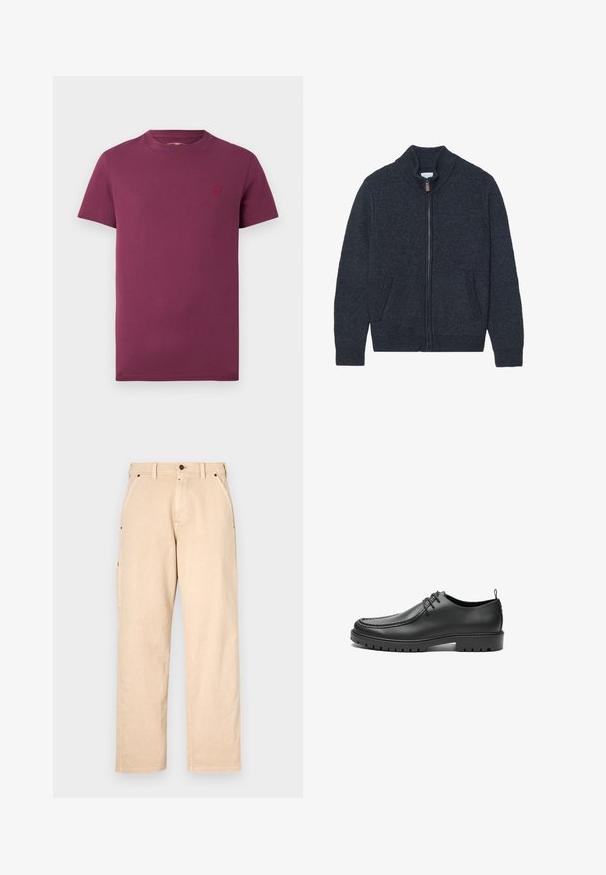 Cárdigan de punto gris oscuro con cuello alto, cremallera completa y dos bolsillos laterales. Tejido texturizado con puños y bajo acanalados.; Camiseta de manga corta burdeos de algodón, con cuello redondo y un pequeño logo bordado en el lado izquierdo del pecho. Textura suave.; Pantalones de algodón beige con corte de pierna recta, que cuentan con bolsillos laterales, pasadores para cinturón y cierre delantero con botón. Textura suave, diseño minimalista.; Zapatos de cuero negro con un acabado suave, punta redondeada y costuras decorativas. Cuenta con una suela de goma con surcos para tracción y un diseño de cordones.