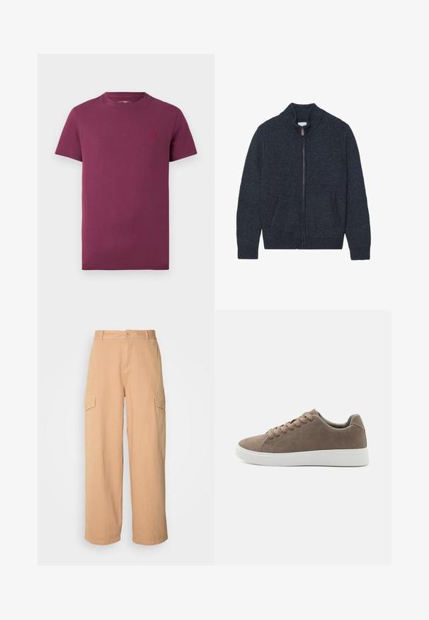 Gebreide donkergrijze cardigan met een hoge kraag, volle ritssluiting en twee zijzakken. Gelaagd stof met geribde manchetten en onderrand.; Bordeaux t-shirt met korte mouwen van katoen, met een ronde hals en een klein geborduurd logo op de linkerkant van de borst. Van een soepele stof.; Beige wijde cargo broek gemaakt van lichte stof, met twee zijzakken en een knoopsluiting bij de taille. Zachte textuur.; Bruine suède sneakers met platte witte rubberen zolen, vetersluiting, ronde neus en een gladde textuur. Minimalistische stijl met subtiele stikdetails.