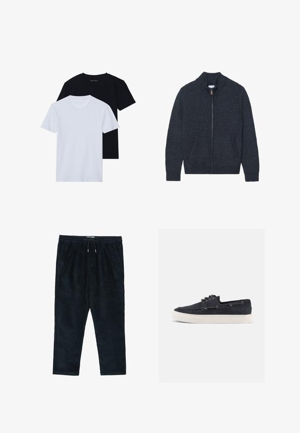 Strikket mørkegrå cardigan med høj krave, fuld lynlås og to sidelommer. Teksturstof med ribbede manchetter og kant.; To kortærmede t-shirts med rund hals, en sort og en hvid, lavet af blødt bomuldsstof med ribbet struktur. Klassisk pasform design.; Mørkeblå kordfløjlsbukser med afslappet pasform, elastisk talje, justerbar snor og sidelommer. Vertikal ribbet tekstur.; Mørkeblå ruskinds-casual sneaker med hvid gummisål, sorte snørebånd og metaløjer, vist fra højre side på ensfarvet baggrund.