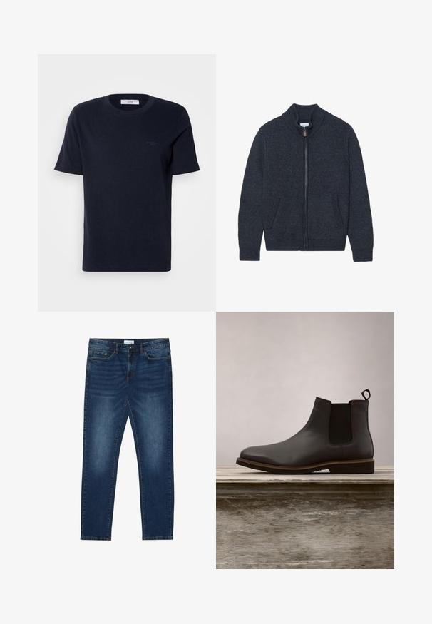 Gestrickte dunkelgraue Strickjacke mit hohem Kragen, vollem Reißverschluss und zwei Seitentaschen. Strukturierter Stoff mit gerippten Bündchen und Saum.; Navyblaue Baumwoll-T-Shirt mit kurzen Ärmeln, rundem Ausschnitt und kleinem Logodetail auf der Brust. Glatte Textur, klassischer Schnitt.; Dunkelblaue Slim-Fit-Jeans mit ausgewaschenen Details, klassischem Fünf-Taschen-Design, Knopfverschluss und Gürtelschlaufen.; Schwarze Leder Chelsea-Stiefel mit elastischen Seiteneinsätzen und runder Zehenform, ausgestattet mit einer strukturierten Sohle und subtilen Steppnähten, erhöht über einer Holzoberfläche.