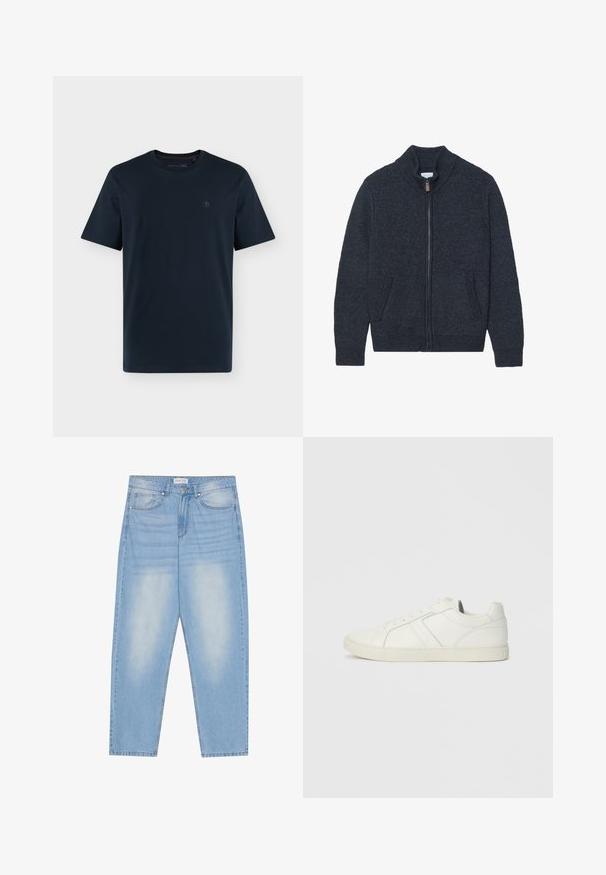 Cárdigan de punto gris oscuro con cuello alto, cremallera completa y dos bolsillos laterales. Tejido texturizado con puños y bajo acanalados.; Camiseta azul marino oscuro de manga corta y cuello redondo, con un pequeño logo discreto en el pecho izquierdo sobre fondo blanco.; Vaqueros de mezclilla azul claro con un corte relajado, que cuentan con cinco bolsillos, un ligero desgaste y costuras a lo largo de las costuras.; Zapatilla baja blanca de cuero con cierre de cordones y suela de goma plana, vista desde el lado interno sobre un fondo liso.