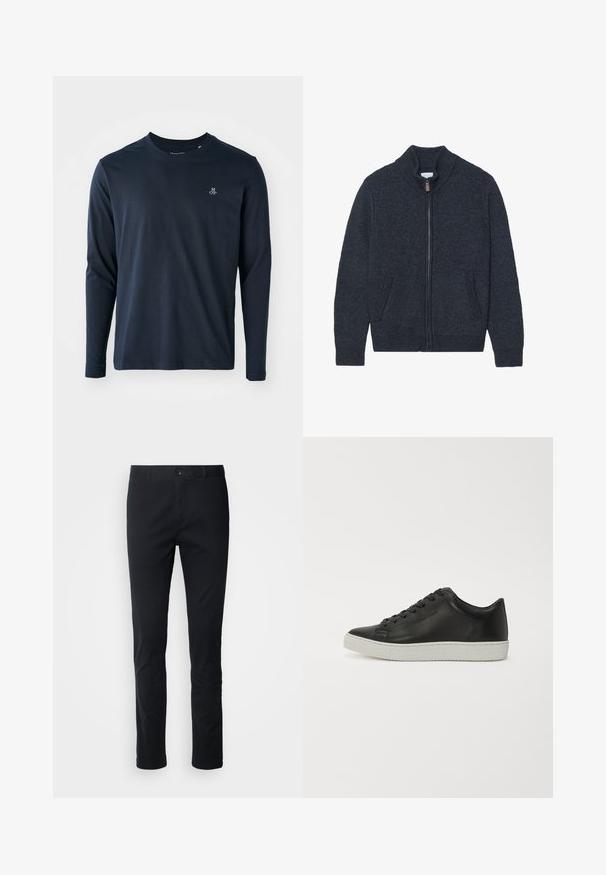 Strikket mørkegrå cardigan med høj krave, fuld lynlås og to sidelommer. Teksturstof med ribbede manchetter og kant.; Langærmet navy blå T-shirt lavet af blødt bomuld, med rund halsudskæring og et lille hvidt logo på venstre bryst.; Sorte, lige bukser lavet af et blandingsstof af bomuld. Har knaplukning og bæltestropper. Glat struktur uden synlige mønstre.; Sorte lædersneakers med rund tå, flad hvid gummisål og seks huller til snørebånd. Glat overflade, minimalistisk stil.