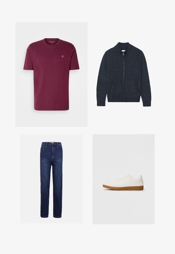 Cárdigan de punto gris oscuro con cuello alto, cremallera completa y dos bolsillos laterales. Tejido texturizado con puños y bajo acanalados.; Camiseta de algodón burdeos con cuello redondo, mangas cortas y un pequeño logo blanco "M OP" en el pecho. Textura suave y corte regular.; Vaqueros de mezclilla en azul oscuro, con un diseño de pierna recta, cinco bolsillos, cierre de botón y sutiles detalles de costura horizontal.; Zapatilla blanca con una puntera de ante, parte superior sintética suave y suela de goma marrón. Presenta perforaciones en los laterales para mayor transpirabilidad.