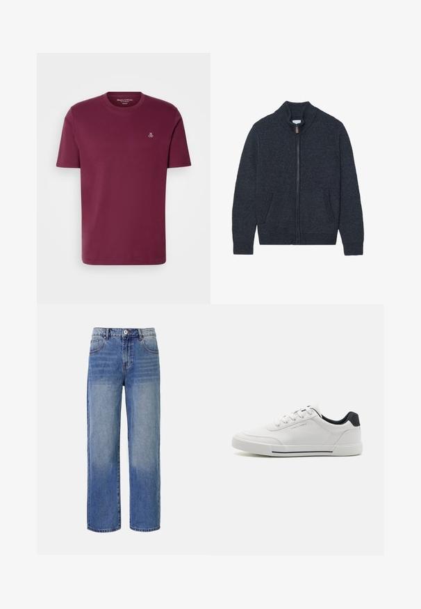 Strikket mørkegrå cardigan med høj krave, fuld lynlås og to sidelommer. Teksturstof med ribbede manchetter og kant.; Bordeaux bomulds t-shirt med rund hals, korte ærmer og et lille hvidt "M OP" logo på brystet. Glat tekstur og almindelig pasform.; Lys blå denim bred benjeans med et falme mønster, fem lommer og lynlås i gylpen. Har en knap og bæltestropper i taljen.; Hvide sneakers med en glat syntetisk overdel, rund tå, snørebåndsdesign, marineblå accent på hælen og en tekstureret gummisål med en sort stribe.