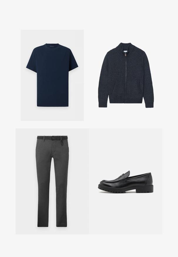Cardigan en maille gris foncé avec un col montant, une fermeture éclair intégrale et deux poches latérales. Tissu texturé avec des poignets et un ourlet côtelés.; T-shirt bleu marine uni à manches courtes et col rond sur fond blanc, vue de face sans logos ni motifs visibles.; Pantalons gris foncé en tissu texturé, dotés d'une ceinture noire, de passants de ceinture et de deux poches latérales. Design à jambe droite, sans motifs visibles.; Mocassins en cuir noir avec un bout arrondi, un design à enfiler et une semelle en caoutchouc épaisse avec une texture antidérapante. Talon surélevé et détails de surpiqûre subtils.