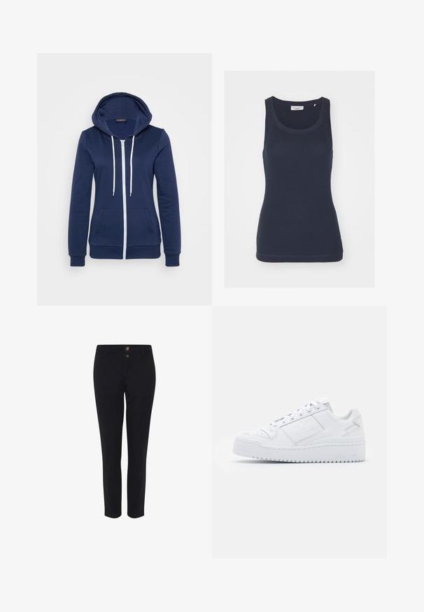 Cazadora de navy con cremallera y cordones blancos, bolsa en el frente y puños acanalados. Tejido suave con una textura lisa, que presenta un diseño casual.; Camiseta sin mangas de color azul marino hecha de algodón, con un escote redondeado, tirantes estrechos y una textura suave y ajustada con dobladillos cosidos.; Pantalones negros ajustados de tejido de algodón con una mezcla de materiales, que cuentan con dos botones en la parte frontal, un corte recto y una textura suave. Sin patrones visibles.; Zapatillas de cuero blanco con una textura suave, punta redonda, diseño de corte bajo, cordones y una suela de plataforma que presenta un sutil logo en el lado.