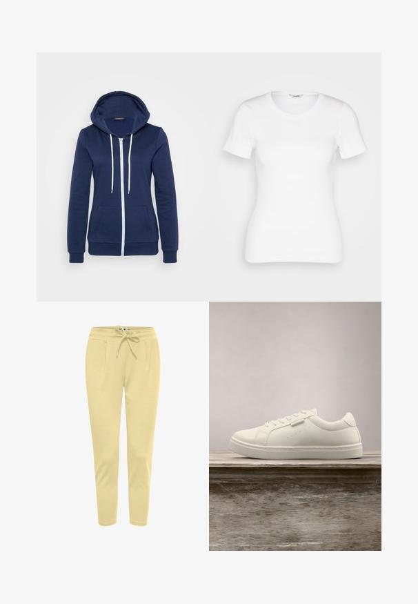 Haut à capuche zippé bleu marine avec des cordons blancs, poches avant et poignets côtelés. Tissu doux avec une texture lisse, arborant un design décontracté.; T-shirt en coton blanc avec des manches courtes, un col rond et une texture côtelée. Design ajusté avec une finition lisse et nette.; Pantalons de jogging jaune clair en tissu doux, avec une taille élastique munie d'un cordon de serrage et des poches latérales.; Baskets en cuir blanc avec des lacets flottant au-dessus d'un banc en bois, herbe verte haute floue en arrière-plan à l'extérieur.