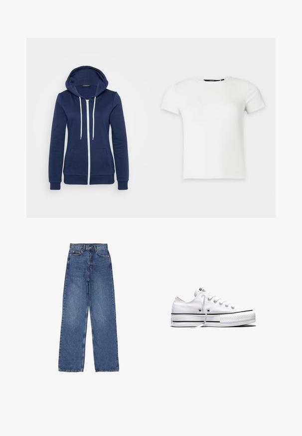 Mørkeblå hættejakke med hvide snore, frontlommer og ribbede manchetter. Blødt stof med en glat tekstur, som har et afslappet design.; Hvid kortærmet ribstrikket t-shirt med rund halsudskæring, vist på en ensartet lys grå baggrund.; Denim jeans med høj talje og bred ben, med en klassisk blå vask, synlig syning og metalhardware på frontlommen.; Hvid lavtop lærredssneakers med hvide snørebånd, sorte striber på sålen og gummieret tekstureret tåhætte, sidevendt på hvid baggrund.