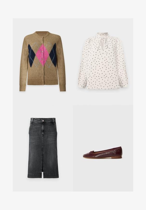 Brun knappet cardigan med lange ærmer og et argylemønster med pink og mørkeblå diamanter på forsiden.; Kremfarvet bluse med sorte polkaprikker, lange pufærmer, rynket flæsekrave og bindedetalje foran.; Mørk denimnederdel med lige snit, knælang, med forkert split og klassisk fem-lommer design. Har en knaplukning og bæltestropper.; Bordeaux læder balletflade med spids tå, en lille sløjfe accent og en tekstureret finish. Lav træhæl.