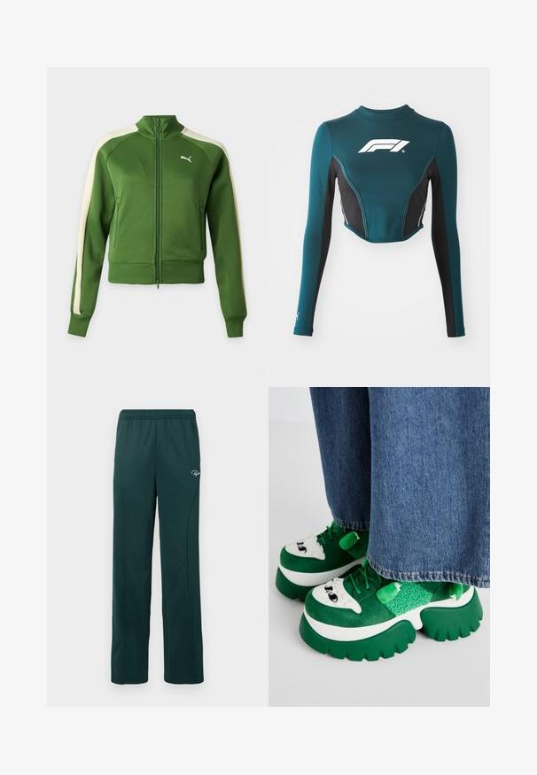 Groene trainingsjas met rits, met crèmekleurige strepen op de mouwen en een wit Puma-logo op de linkerborst, weergegeven tegen een effen achtergrond.; Teal lange mouwen crop top met zwarte zijpanelen. Heeft een wit logo op de borst en contrasterende stiksels. Gemaakt van rekbaar materiaal.; Donkergroene sweatpants van zacht materiaal, met een elastische tailleband en zijnaadseams, en een klein logo op de voorkant.; Groene platform sneakers met suède en gestructureerde accenten, voorzien van een speelse gezichtsontwerp op de neus en dikke, geribbelde zolen.