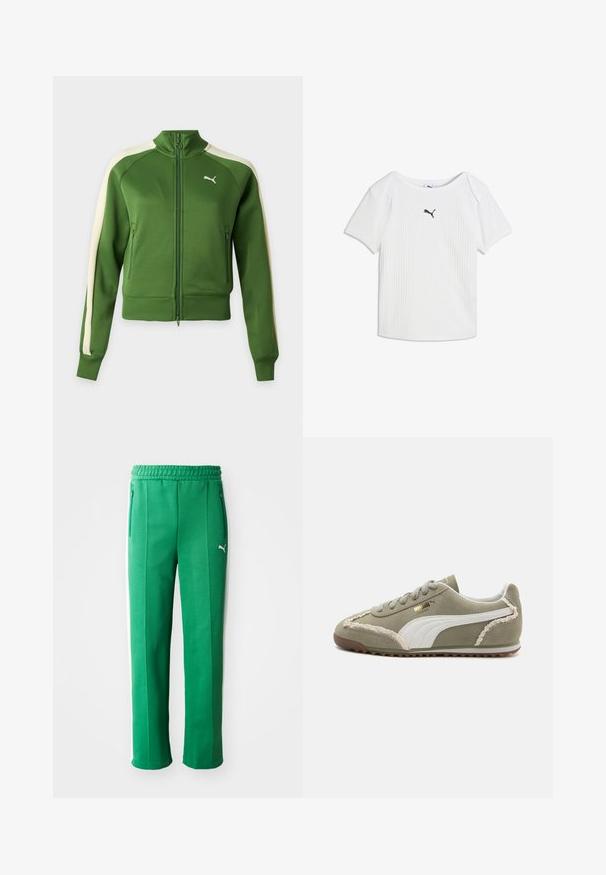 Groene trainingsjas met rits, met crèmekleurige strepen op de mouwen en een wit Puma-logo op de linkerborst, weergegeven tegen een effen achtergrond.; Wit geribd T-shirt met korte mouwen, een ronde halslijn en een klein zwart Puma-logo in het midden van de borst.; Groene sportbroek met een gestructureerde afwerking, elastische tailleband, zijzakken en witte zijstrepen. Merklogo zichtbaar aan de voorkant.; Groene suède sneakers met witte leren accenten, geprofileerde stiksels, vetersluiting aan de voorkant en rubberen zool. Bevat unieke ontwerpelementen langs de zijkanten.
