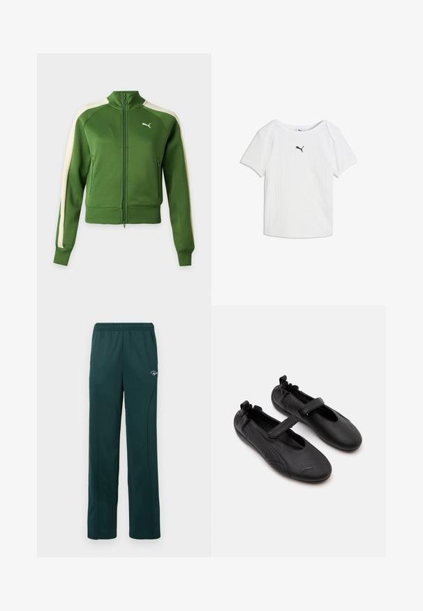 Grøn trackjakke med lynlås med cremefarvede striber på ærmerne og et hvidt Puma-logo på venstre bryst, vist mod en ensfarvet baggrund.; Hvid ribstrikket T-shirt med korte ærmer, rund halsudskæring og et lille sort Puma-logo i midten af brystet.; Mørkegrønne sweatpants lavet af blødt stof, med elastisk talje og sidesømme, samt et lille logo foran.; Par sorte læder Mary Jane-stil sko med elastisk bagpå og velcrolukning, med en diskret Puma-logo på hver tå.