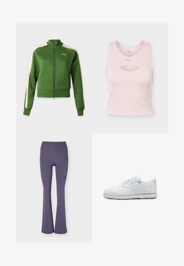 Zelená tracková bunda na zips s krémovými pruhmi na rukávoch a bielym logom Puma na ľavej strane hrudníka, zobrazená na jednofarebnom pozadí.; Svetloružový športový krátky top bez rukávov s okrúhlym výstrihom, detailom výrezu a logom Puma vpredu v strede a vo vnútri goliera.; Fialové atletické legíny s rozšíreným spodným okrajom, vysokým pásom a bočnými vreckami, s malým čiernym logom Puma na hornej ľavej nohe.; Biele športové topánky s hladkým syntetickým koženým vrchom, textúrovanými detailami, polstrovaným golierom a gumovou podrážkou s dobrou trakciou. Strieborný detail loga.