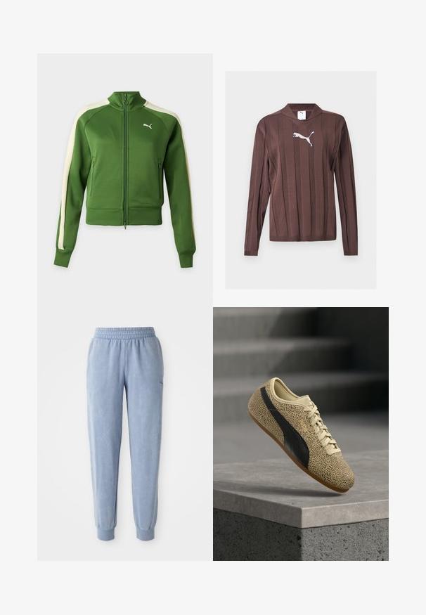 Chaqueta de chándal verde con cremallera, con rayas crema en las mangas y un logo blanco de Puma en el pecho izquierdo, mostrada sobre un fondo liso.; Jersey marrón de manga larga con rayas verticales texturizadas y un logo blanco de Puma centrado en el pecho sobre un fondo liso.; Pantalones de chándal azules hechos de una tela suave con una cintura y puños elásticos; presentan una sutil textura y un pequeño logo en un lado.; Zapatilla color canela con franja negra y pequeños puntos negros, cordones beige y suela de goma, posicionada en el aire sobre un borde de concreto gris.