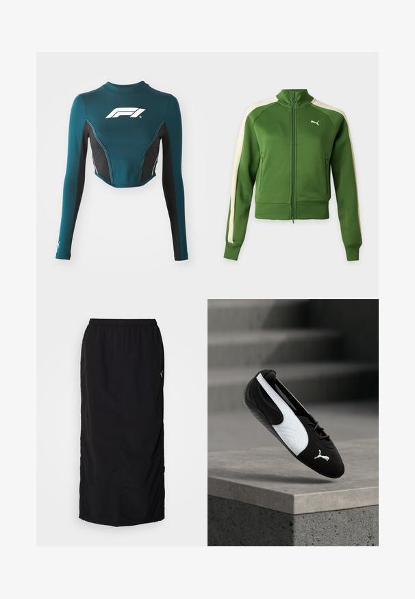 Zelená tracková bunda na zips s krémovými pruhmi na rukávoch a bielym logom Puma na ľavej strane hrudníka, zobrazená na jednofarebnom pozadí.; Tyrkysový dlhý rukáv skrátený top s čiernymi bočnými panelmi. Obsahuje biele logo na hrudi a kontrastné šitie. Vyrobený z elastického materiálu.; Čierna športová sukňa s elastickým pásom, s bočnými rozparkom pre pohodlný pohyb a minimálnym brandingom na pravej strane.; Čierno-biele tenisky Puma s šnúrkami vznášajúce sa nad betónovým okrajom na rozmazanom sivom pozadí schodiska.
