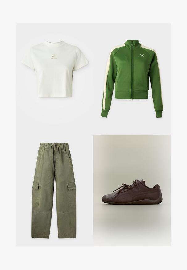 Rohelise lukuga spordijakk kreemjas triipudega varrukail ja valge Puma logoga vasakul rinnal, esitatud ühevärvse taustaga.; Lühike valge lühike t-särk, millel on väike beez Nike ACG logo keskelt kaeluse all.; Oliivrohelised püksid paelaga vöökohas, küljetaskud, langevate kaantega reietaskud ja sirged laiad säärised.; Tumepruun Puma toss, millel on paelad, madal konts ja peen logo küljetil, näidatud vasakult küljelt heledal taustal.