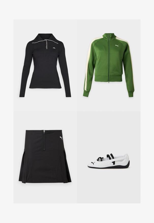 Zelená tracková bunda na zips s krémovými pruhmi na rukávoch a bielym logom Puma na ľavej strane hrudníka, zobrazená na jednofarebnom pozadí.; Čierna polo košeľa s dlhými rukávmi a priečne rebrovanou textúrou, s trojbuttonovou légiou a kontrastným bielym detailom na golieri. Vyšívané logo na hrudi.; Čierna športová sukňa so zipsom vpredu a bočnými záhybmi, s bielym logom Puma na hornej pravej strane.; Biele atletické topánky s čiernymi akcentmi, s okrúhlou špičkou, elastickými popruhmi a textúrovanou gumovou podrážkou. Logo Puma na prednej strane.