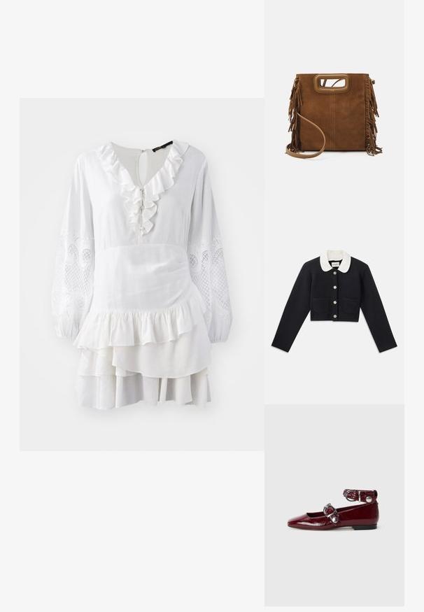 Veste marine cintrée avec un col blanc, des boutons dorés, deux poches avant et une finition en tissu texturé.; Robe blanche avec un ourlet à volants, de longues manches bouffantes ornées d'accents brodés et un ourlet en couches. Fabriquée en tissu léger.; Ballerines en cuir verni bordeaux avec un bout pointu, une bride de cheville avec une boucle en argent et un petit talon. Texture lisse sur l'ensemble.; Maje Sac à main - camel