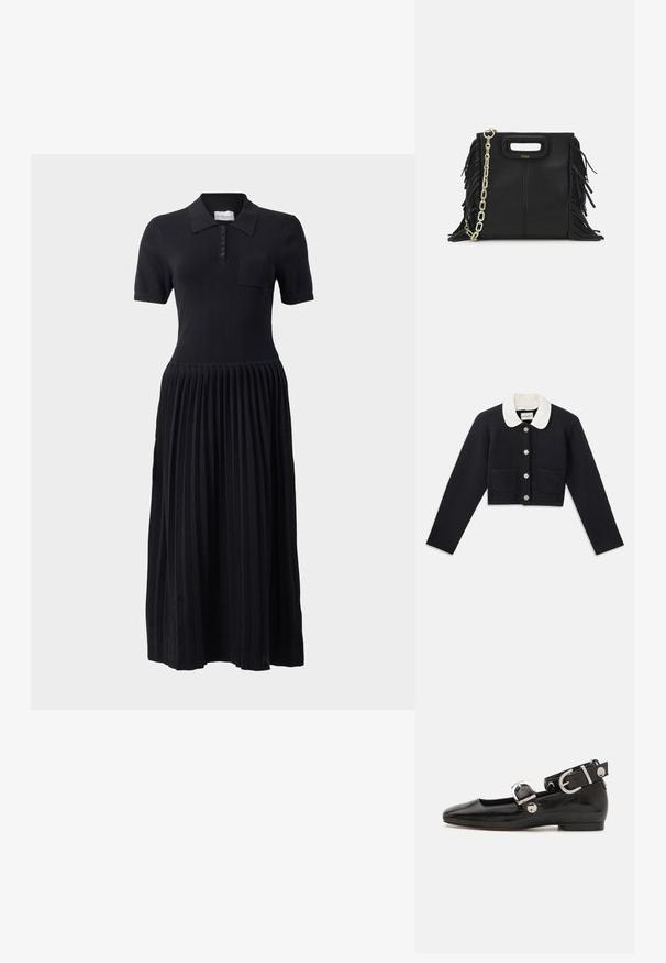 Veste marine cintrée avec un col blanc, des boutons dorés, deux poches avant et une finition en tissu texturé.; Robe polo noire à manches courtes, avec patte de boutonnage et poche poitrine. La jupe présente un design plissé, créant un aspect texturé.; Ballerine en cuir verni noir avec un bout carré, sangle de cheville avec des détails en métal argenté et semelle plate. Texture lisse avec un design minimaliste.; Sac à main en cuir noir avec des détails en franges, chaîne dorée pour l'épaule et une poignée découpée. Présente le logo sur le devant.