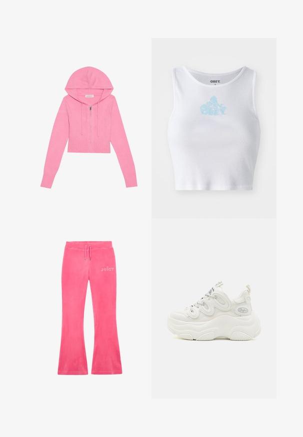Ružový cropped hoodie so zipsovým uzatváraním, rebrovaným lemom a manžetami, so sťahovacou kapucňou. Mäkká textura a pletený materiál.; Biely rebrovaný crop top s okrúhlym výstrihom a svetlomodrým logom "OBEY" umiestneným na hrudi. Hladká textúra a priliehavý strih.; Ružové rozšírené tepláky vyrobené z mäkkého materiálu s elastickým pásom na šnúrku a kamienkovým logom "JUICY" na ľavom boku.; Biele chunky tenisky s vrchnou časťou z sieťoviny a syntetického materiálu, zakrivený tvar, textúrovaná podrážka a výrazný systém šnurovania s logom.