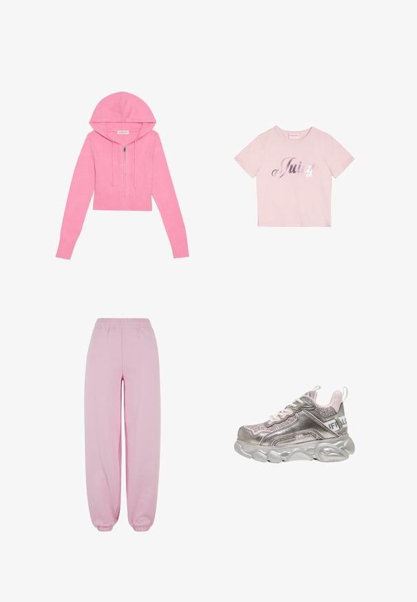 Lyserød cropped hættejakke med lynlås, ribbet kant og manchetter, som har en snoretræk hætte. Blød tekstur og strikket materiale.; Lyserød t-shirt med korte ærmer lavet af bomuld, med en metallisk sølvskrift "Juicy" på forsiden. Enkel rund halsdesign.; Urban Classics Træningsbukser - softpink; Chunky metallic sølv og pink sneaker med glitrende paneler, hvide snørebånd, tyk skulptureret sål og mærket hælstrop.