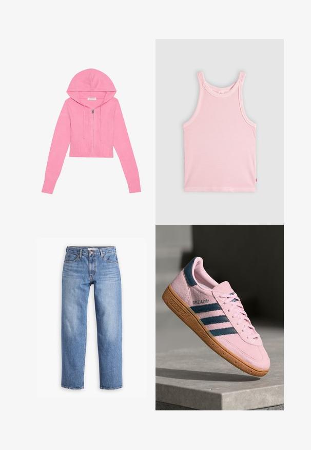 Ružový cropped hoodie so zipsovým uzatváraním, rebrovaným lemom a manžetami, so sťahovacou kapucňou. Mäkká textura a pletený materiál.; Svetloružový rebrovaný tielkový top bez rukávov s okrúhlym výstrihom, zobrazený na rovnej ploche na sivom pozadí.; Svetlo modré denimové rifle so strihom rovného nohavic, piatimi vreckami a zipsom. Tkanina má klasický textúrovaný povrch s jemným vyblednutím.; Svetloružová semišová teniska s tmavomodrými tromi pásikmi, gumovou podrážkou a svetloružovými šnúrkami. Na boku je nápis "SPEZIAL".