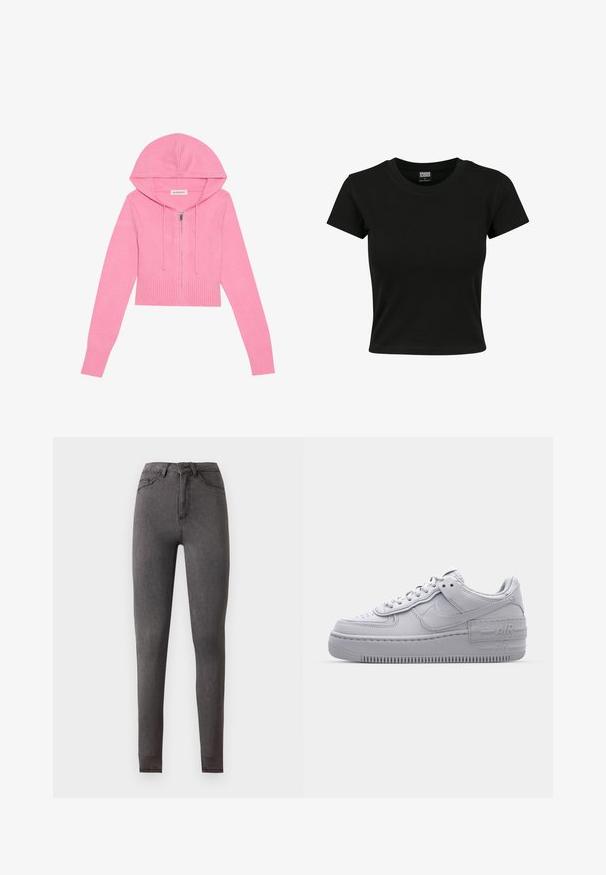 Ružový cropped hoodie so zipsovým uzatváraním, rebrovaným lemom a manžetami, so sťahovacou kapucňou. Mäkká textura a pletený materiál.; Čierne tričko s krátkym rukávom vyrobené z hladkého bavlneného materiálu, s okrúhlym výstrihom a priliehavým strihom. Bez viditeľných vzorov alebo akcentov.; Vysoký pás, slim-fit tmavosivé denimové rifle s vreckami vpredu aj vzadu, zapínanie na gombíky a viditeľné švy.; Šedé tenisky Nike Air Force 1 s perforovanou špičkou, hladkým koženým zvrškom, hrubou podrážkou a embosovaným detailom 'AIR' na päte.