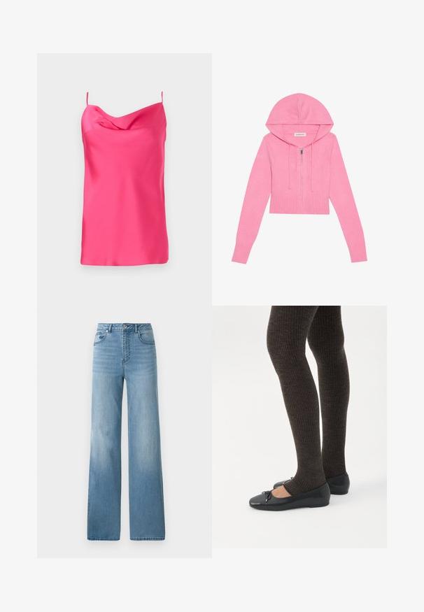 Lyserød cropped hættejakke med lynlås, ribbet kant og manchetter, som har en snoretræk hætte. Blød tekstur og strikket materiale.; Ermeløs top i fuchsia satin med cowl-udskæring og tynde stropper. Glat tekstur med blød fald, der har en lige kant nederst.; Lyseblå højtaljede jeans med lige ben. Fremstillet af denim, med fem lommer og knaplukning.; Ben iført mørke ribbede leggings kombineret med sorte balletsko med små sløjfedetaljer på hvid baggrund.