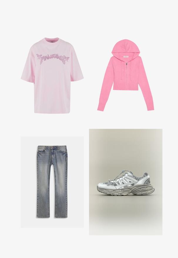 Ružový cropped hoodie so zipsovým uzatváraním, rebrovaným lemom a manžetami, so sťahovacou kapucňou. Mäkká textura a pletený materiál.; Ružová bavlnená tričko s voľným strihom. Má krátke rukávy a ozdobný, trblietavý dizajn textu z kamienkov cez prednú časť.; Svetlomodré riflové nohavice s rovnými nohavicami, vyblednutou textúrou, piatimi vreckami a kontrastným prešitím.; Biele a sivé atletické tenisky s kvetinovým vzorom, hrubou textúrovanou podrážkou a elastickým zapínaním na gumičku na neutrálnom pozadí.
