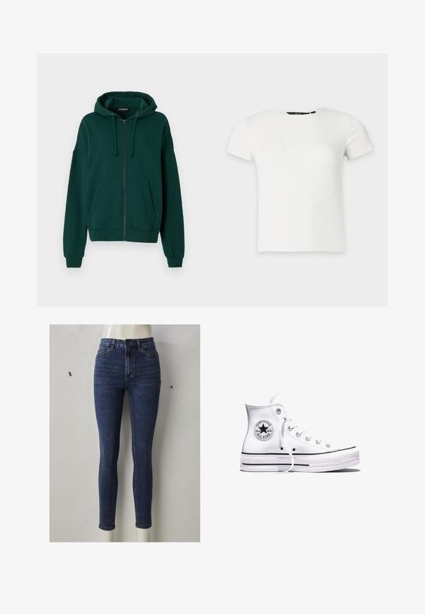 Sudadera con cremallera de color verde oscuro, fabricada en un tejido suave. Cuenta con capucha con cordón, bolsillos frontales y puños y dobladillo acanalados.; Camiseta blanca de punto acanalado con mangas cortas y cuello redondo, presentada sobre un fondo liso gris claro.; Vaqueros pitillo de denim azul oscuro, de talle alto con una forma ajustada, que cuentan con bolsillos delanteros, cremallera y un sutil desgaste en los muslos.; Zapatilla Converse Chuck Taylor All Star blanca de caña alta con rayas negras y parche de logo en el lateral, mostrada sobre un fondo blanco liso.