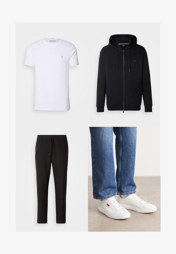 Schwarze Zip-Hoodie aus glattem Baumwollstoff. Verfügt über eine Kapuze mit Kordelzug und ein Logodetail auf der Brust sowie gerippte Bündchen und Saum.; Weißes Baumwoll-T-Shirt mit kurzen Ärmeln, das ein kleines orangefarbenes "II"-Logo auf der linken Brust und einen Rundhalsausschnitt aufweist. Einfaches Design und Textur.; Schwarze Jogginghose aus glattem Stoff. Mit einem elastischen Bund und Kordelzug, schmal zulaufenden Beinen und ohne sichtbare Taschen. Einfaches Design.; Weiße Sneakers mit glatter Oberfläche, runder Spitze und flacher Sohle. Ergänzt durch blaue Jeans im geraden Schnitt mit sichtbaren Nähten.