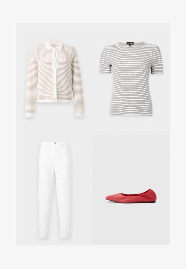 Cardigan tricoté beige et blanc à rayures, boutonné, manches longues, col blanc, poignets et ourlet côtelés.; Chemise à manches courtes rayée horizontale grise et blanche avec un col rond et un tissu texturé sur un fond uni.; Jean blanc taille haute, coupe slim, avec cinq poches et fermeture à boutons, présenté sur un fond uni.; Filippa K REY FLATS - Ballerines - bright red