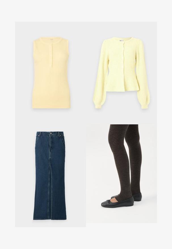 Cardigan tricoté jaune clair avec un col rond, des manches longues bouffantes, une fermeture à cinq boutons et un ourlet légèrement évasé. Motif côtelé texturé.; Débardeur jaune côtelé sans manches avec un col rond et une patte de boutonnage à l'avant comportant quatre boutons.; Good American FIT AND FLARE MAXI SKIRT - Jupe en jean - indigo; Jambes portant des leggings côtelés foncés associés à des ballerines noires avec de petits détails en nœud sur fond blanc.
