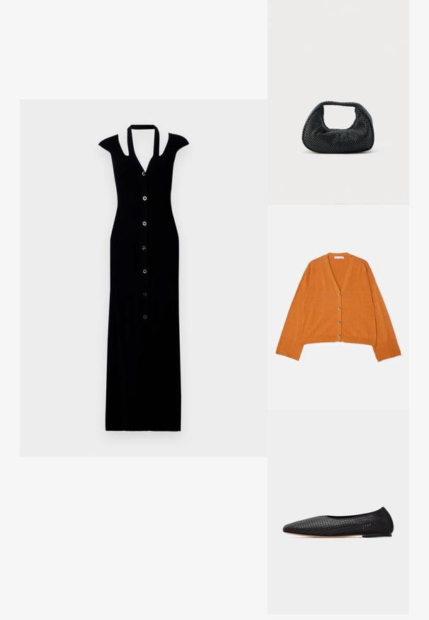 Cardigan court à col en V en tissu texturé orange, doté de cinq boutons métalliques à l'avant et de poignets et d'ourlet à côtes.; Robe maxi noire à côtes avec manches courtes, fermeture à boutons à l'avant, décolleté en V profond et silhouette ajustée. Texture lisse et design épuré.; Ballerine en cuir noir perforé avec bout pointu et petit talon, vue de profil sur fond blanc.; Sac hobo tissé noir avec une structure souple et une poignée intégrée, présenté sur un fond clair uni.