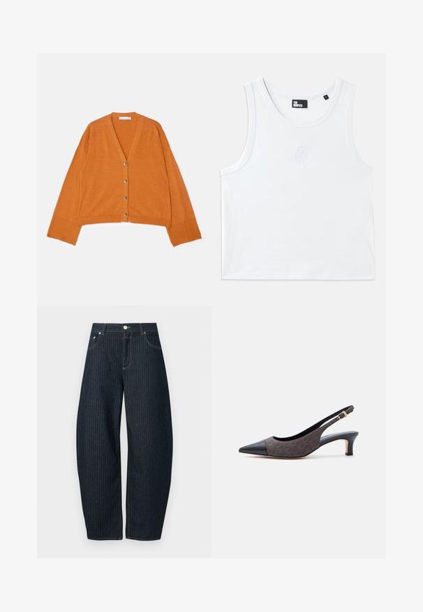 V-hals, cropped cardigan i struktureret orange stof med fem metalliske knapper foran samt ribbede manchetter og kant.; Hvid tanktop lavet af bomuld, med rund halsudskæring, ærmehulder og et lille præget logo i midten foran. Glat tekstur.; CLOSED JAZZIE - Jeans Relaxed Fit - dark blue; Slingback-kittenhæl med spids sort læderfront og mørkt mønstret stof, med lille guldbeklædt spænde på remmen.