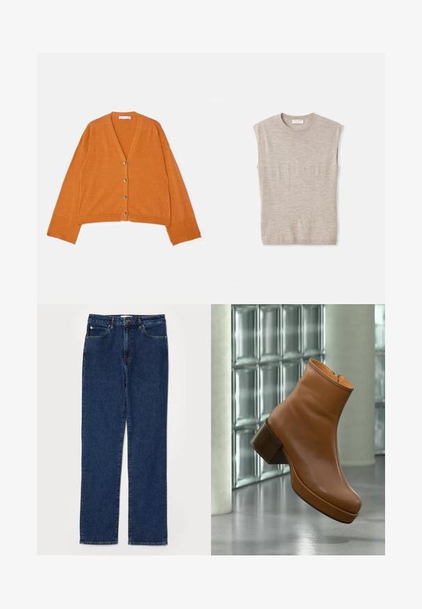 V-Ausschnitt, kurzer Cardigan aus strukturiertem orangenem Stoff mit fünf metallischen Knöpfen an der Vorderseite sowie gerippten Bündchen und Saum.; Helles beige, ärmelloses Oberteil aus weichem Material, mit rundem Hals, klaren Linien und einem leicht lockeren Schnitt. Minimalistisches Design.; Dunkelblaue Denim-Jeans im Gerade-Schnitt, fünf Taschen-Stil, mit einem stabilen Bund und sichtbaren Nähdetails.; Brauner Lederknöchelstiefel mit Blockabsatz, schwebend in Innenräumen nahe einer Glassteinwand und einer zylindrischen Säule auf poliertem Boden.