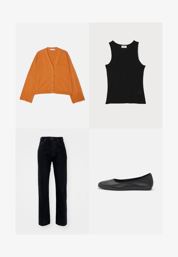 V-hals, cropped cardigan i struktureret orange stof med fem metalliske knapper foran samt ribbede manchetter og kant.; Sort ribbet tanktop med rund halsudskæring og brede skulderstropper, med en subtil struktureret finish og en lille mesh-detalje ved kanten.; Sorte denim jeans med høj talje og lige ben, der har fem lommer, bæltestropper og en knaplukning i taljen.; Sort læderballetsko med rund tå, glat tekstur, minimal syning og et fleksibelt såldesign.