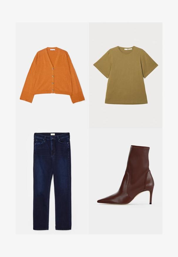 V-hals, cropped cardigan i struktureret orange stof med fem metalliske knapper foran samt ribbede manchetter og kant.; Olivenfarvet t-shirt med korte ærmer lavet af blødt stof, med rund halsudskæring og en afslappet pasform, præsenteret mod en hvid baggrund.; Mørkeblå denimjeans med slim fit, fem-lomme design, stikninger og lige benudskæring. Har en knap- og lynlås lukning.; Mørkebrun læderankelstøvle med spids snude og slank høj hæl mod en ensfarvet lys baggrund.
