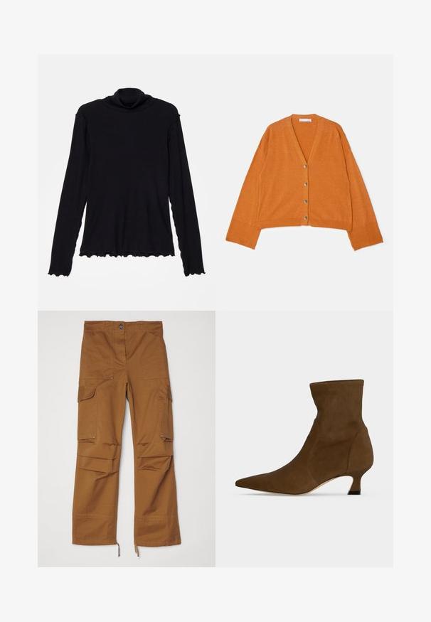 Cárdigan corto de cuello en V en tejido texturizado de color naranja, con cinco botones metálicos en la parte frontal y puños y dobladillo acanalados.; Rodebjer CISNE - Camiseta de manga larga - black; Pantalones cargo marrones con un diseño de pierna recta, múltiples bolsillos y detalles con cremallera en el dobladillo. Fabricados con tejido resistente.; Bota marrón hasta el tobillo con puntera puntiaguda y tacón bajo tipo salón, hecha de material liso, mostrada sobre un fondo liso.