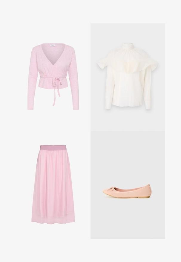 Jersey cruzado de manga larga de color rosa claro con escote en V y cinturón anudado en la cintura, con un patrón de punto sutil y etiqueta "Saint" en el interior del cuello.; Blusa blanca con un cuello alto, tejido texturizado y mangas acampanadas de gran tamaño. Mangas largas con puños ajustados y un corte relajado en general.; Falda de tul rosa con un diseño suave y ligero. Presenta una cintura elástica y una silueta fluida, creando un efecto de capas.; Zapato plano de ballet en material sintético rosa claro con puntera redondeada, que presenta un pequeño detalle de lazo y una suela flexible.