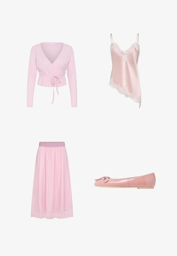 Pull cache-cœur à manches longues rose pâle avec col en V et ceinture nouée à la taille, présentant un motif tricot subtil et une étiquette "Saint" à l'intérieur du col.; Caraco en satin rose clair avec bordure en dentelle blanche le long du décolleté en V, de l'ourlet et fines bretelles réglables, avec un ourlet asymétrique.; Jupe en tulle rose avec un design doux et transparent. Elle présente une taille élastique et une silhouette fluide, créant un effet superposé.; Ballerines en cuir verni rose avec un bout arrondi, détail en corde à l'avant et semelle en caoutchouc beige. Fini lisse et brillant sur l'ensemble.