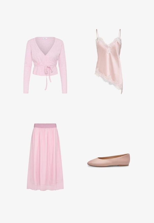 Lyserød langærmet cardigan med V-udskæring og bundet bælte i taljen, med subtilt strikkemønster og mærkat "Saint" inden i kraven.; Lyserød satin camisole med hvid blondertrim langs V-udskæringen, kant og tynde justerbare skulderstropper, med asymmetrisk kant.; Rosa tylskørt med et blødt, gennemsigtigt design. Har en elastisk talje og en svævende silhuet, der skaber en lagdelt effekt.; Lyserød ballerina i læder med spids tå, glat tekstur, få detaljer og en solid lys brun sål. Enkelt design uden pynt.