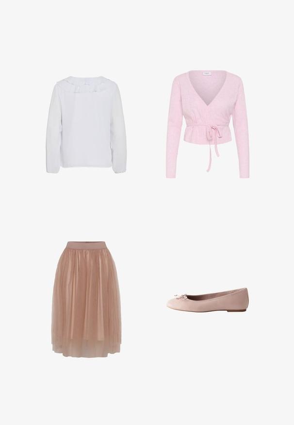 Jersey cruzado de manga larga de color rosa claro con escote en V y cinturón anudado en la cintura, con un patrón de punto sutil y etiqueta "Saint" en el interior del cuello.; Blusa blanca de manga larga con cuello con volantes, textura lisa y puños elásticos. Diseño simple y limpio, adecuado para diversas ocasiones.; Falda de tul en un suave color nude con una cinturilla elástica ajustada, que presenta una tela ligera y transparente en capas y una textura suave.; Zapatilla de ballet plana de color rosa claro con un pequeño lazo en la puntera redondeada y un tacón bajo, vista de lado.