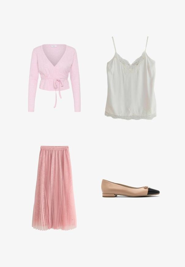Jersey cruzado de manga larga de color rosa claro con escote en V y cinturón anudado en la cintura, con un patrón de punto sutil y etiqueta "Saint" en el interior del cuello.; Camisola sin mangas blanca con tirantes finos y adorno de encaje en el escote y el dobladillo, hecha de tela suave.; Falda midi plisada rosa con una capa inferior de encaje y cinturilla fruncida, mostrada sobre un fondo blanco.; Bailarina de cuero beige con puntera negra y pequeño lazo en la parte delantera, con un tacón bajo para mayor comodidad.