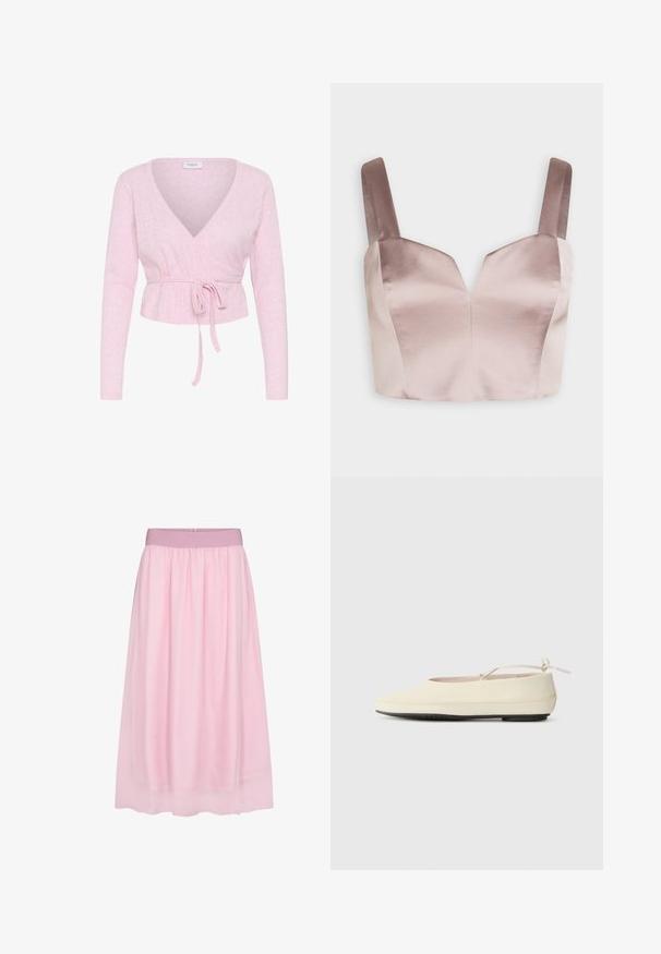 Pull cache-cœur à manches longues rose pâle avec col en V et ceinture nouée à la taille, présentant un motif tricot subtil et une étiquette "Saint" à l'intérieur du col.; Swing Débardeur - fading lilac; Jupe en tulle rose avec un design doux et transparent. Elle présente une taille élastique et une silhouette fluide, créant un effet superposé.; Des chaussures plates de couleur crème avec un bout arrondi, une sangle à la cheville et une semelle en caoutchouc noir contrastante. Matériau lisse avec un detailing minimal.