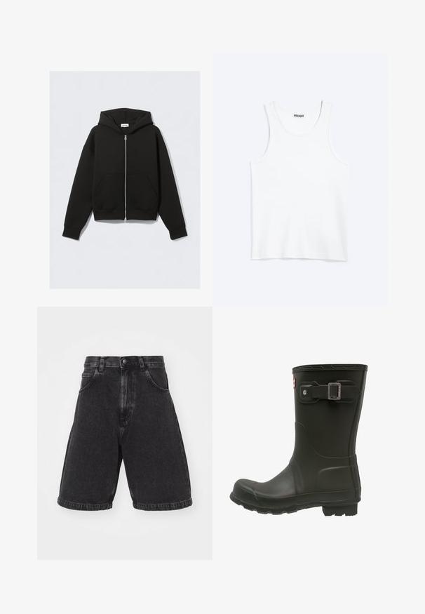 Sudadera con capucha negra con cremallera, bolsillos delanteros, mangas largas y capucha, extendida sobre un fondo claro.; Camiseta sin mangas blanca con cuello redondo y etiqueta de la marca Weekday en el interior del cuello trasero, mostrada plana sobre un fondo claro.; Pantalones cortos de mezclilla negra con un diseño de cintura alta, ajuste suelto y dobladillo enrollado. Cuenta con bolsillos frontales y un cierre de botón clásico.; Botas de lluvia de goma negras con punta redondeada, una correa con hebilla en la parte superior y una suela texturizada para mayor tracción.