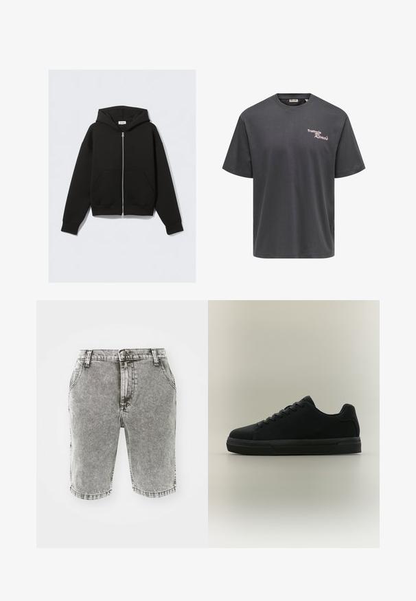 Sudadera con capucha negra con cremallera, bolsillos delanteros, mangas largas y capucha, extendida sobre un fondo claro.; Camiseta de manga corta gris oscuro con "Trattoria Remo's" en letras pequeñas blancas y rosas en el lado izquierdo del pecho.; Pantalones cortos de mezclilla gris con un corte clásico, que cuentan con cinco bolsillos, pasadores para el cinturón y un lavado descolorido; sin desgastes ni patrones visibles.; Zapatilla negra de perfil bajo con cordones, suela de goma y acabado liso, mostrada de perfil sobre un fondo neutro.