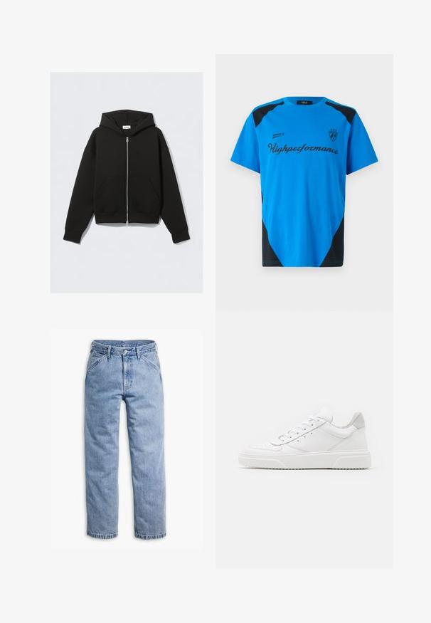 Sort lynlås-hoodie med frontlommer, lange ærmer og hætte, lagt fladt mod en lys baggrund.; Replay SHORT SLEEVE GRAPHIC - T-shirts print - azzurro; Lyseblå straight-leg denimjeans med forreste knap- og lynlås, bæltestropper og skrå forlommer.; Hvide lædersneakers med en glat finish, rund tå, flade snørebånd og en struktureret sål. Grå ruskindsdetalje ved hælen.