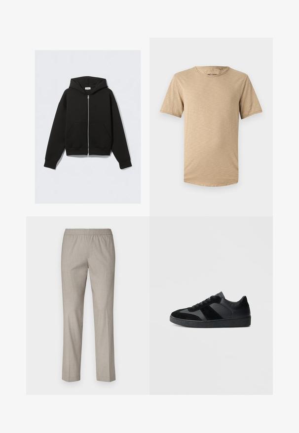 Sort lynlås-hoodie med frontlommer, lange ærmer og hætte, lagt fladt mod en lys baggrund.; Beige kortærmet t-shirt lavet af blødt stof. Har en rund halsudskæring og en let struktureret overflade med en buet kant.; Lys grå bukser med elastisk talje, lige ben design og en glat stofstruktur. Ingen synlige mønstre eller hardware detaljer.; Sorte sneakers med en kombination af glat læder og ruskind, med en tekstureret sort gummisål og subtil stripingdetalje.