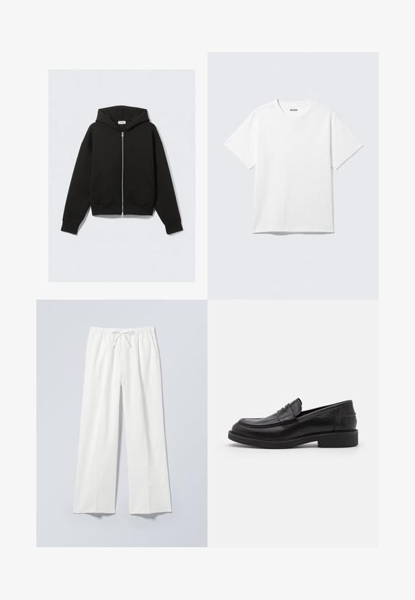 Sweat à capuche noir zippé avec poches avant, manches longues et capuche, posé à plat sur un fond clair.; T-shirt blanc à manches courtes et col rond, étalé à plat, design uni, avec l'étiquette "WEEKDAY" à l'intérieur du col sur un fond clair.; Pantalon blanc à jambe large avec taille élastique et cordon de serrage, doté de poches latérales et d'un tissu lisse légèrement texturé.; Mocassins en cuir noir avec un bout arrondi, des coutures ton sur ton et un détail de sangle à l'avant. Semelle en caoutchouc avec un petit talon.